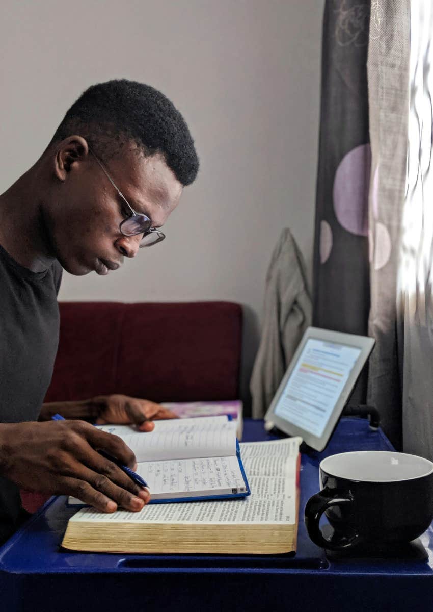 man studying new language