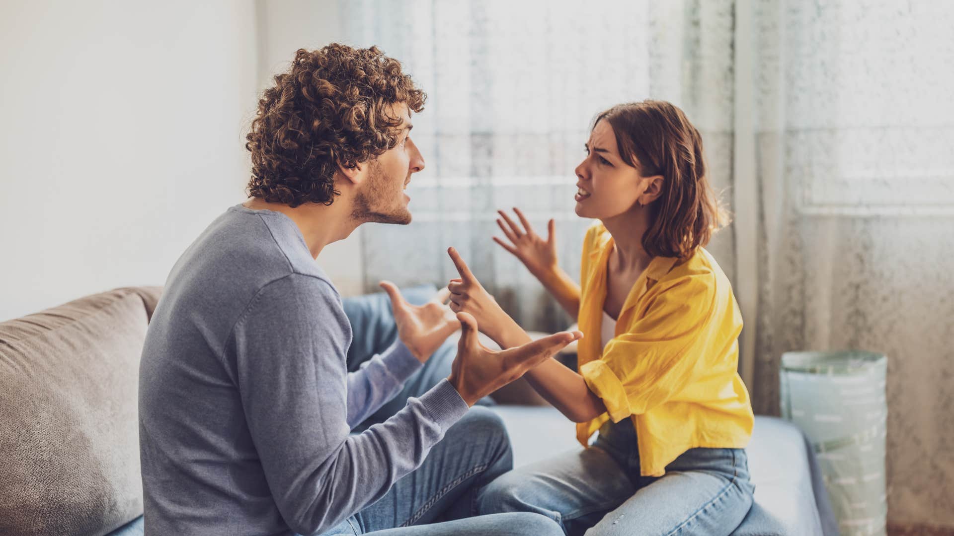 manipulative woman arguing with man saying you always do this