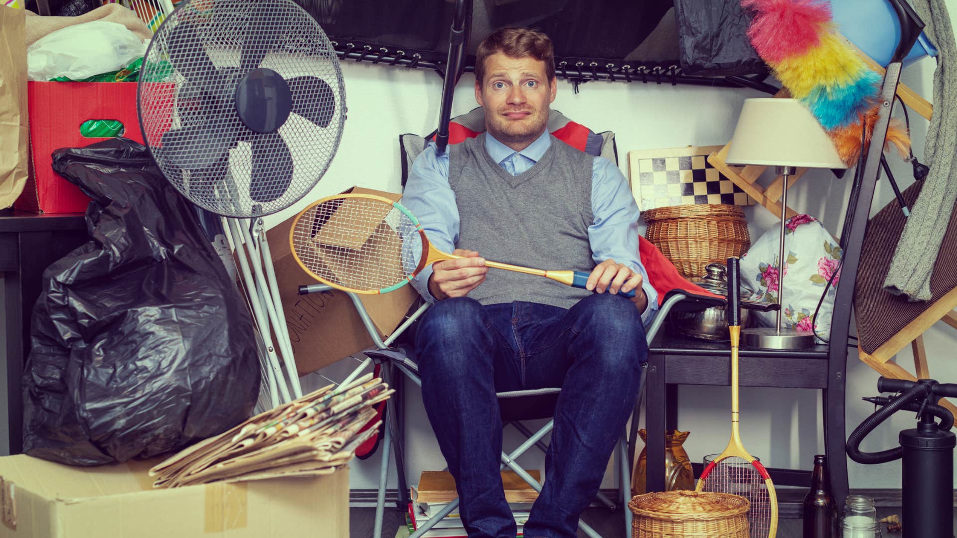 man surrounded by clutter everywhere