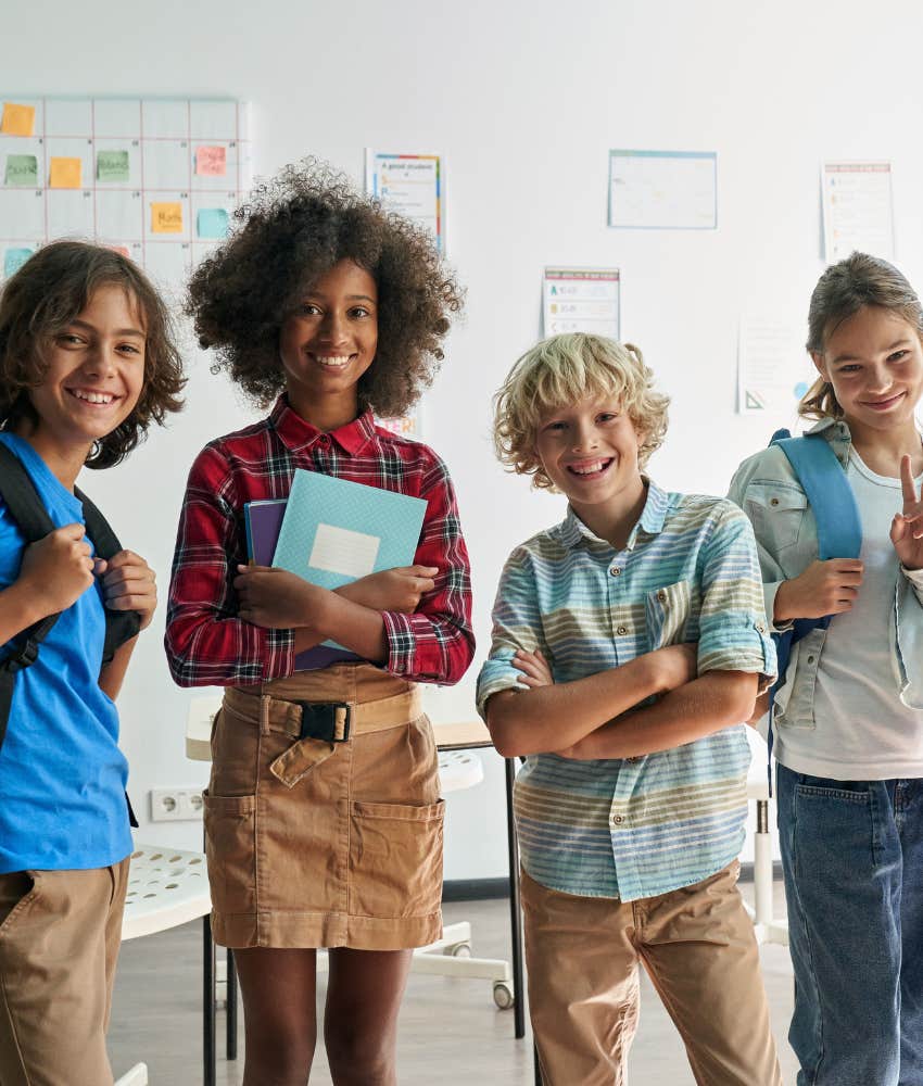 Innocent Old Fashioned Joke Good Parents Refuse Make Boys Girls Group of happy friendly kids uninfluenced by the old-fashioned joke about friendship