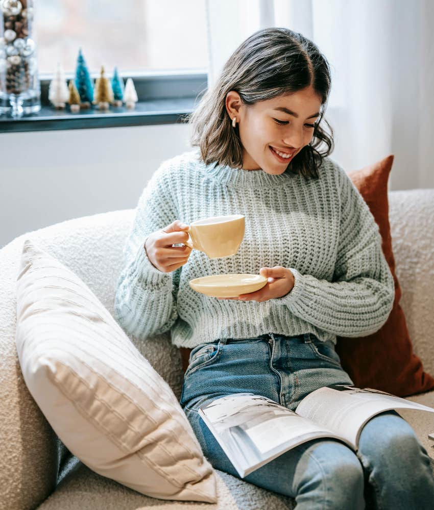 woman content her life habit grateful little things