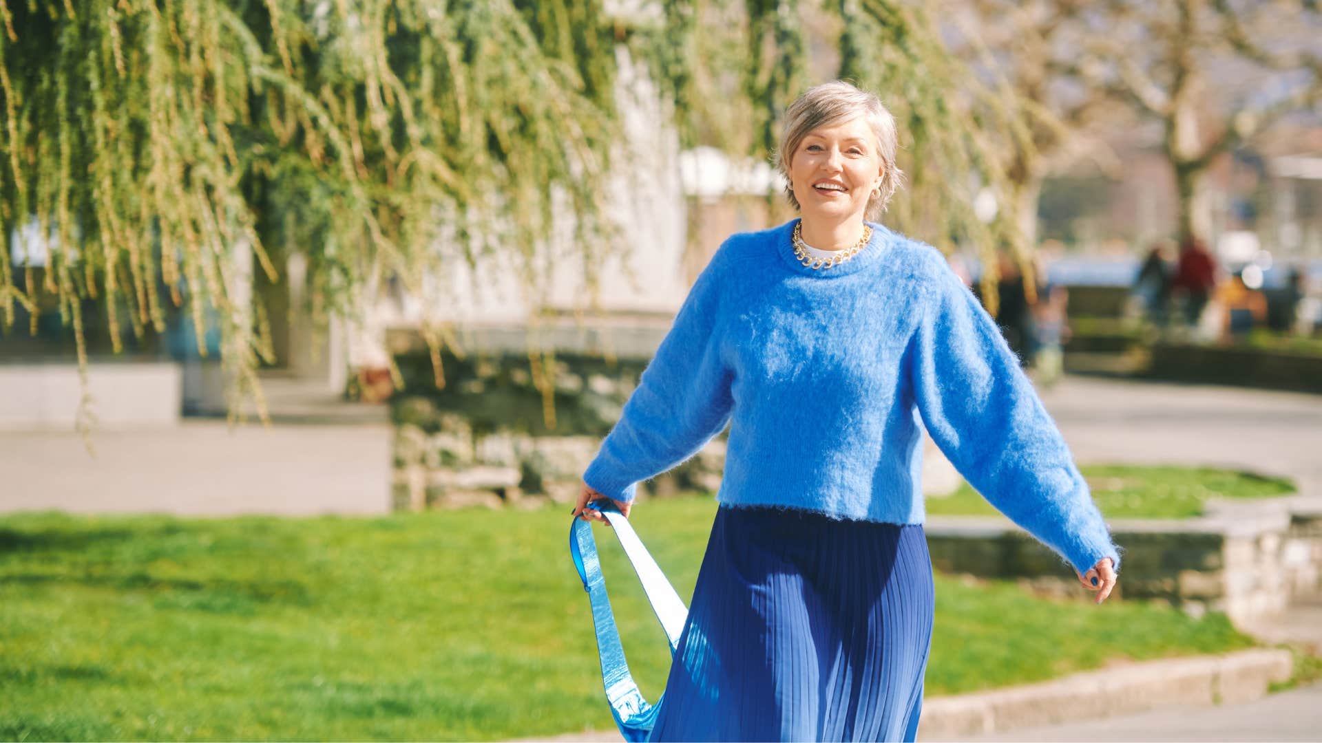 Happy person goes on [phone free walk