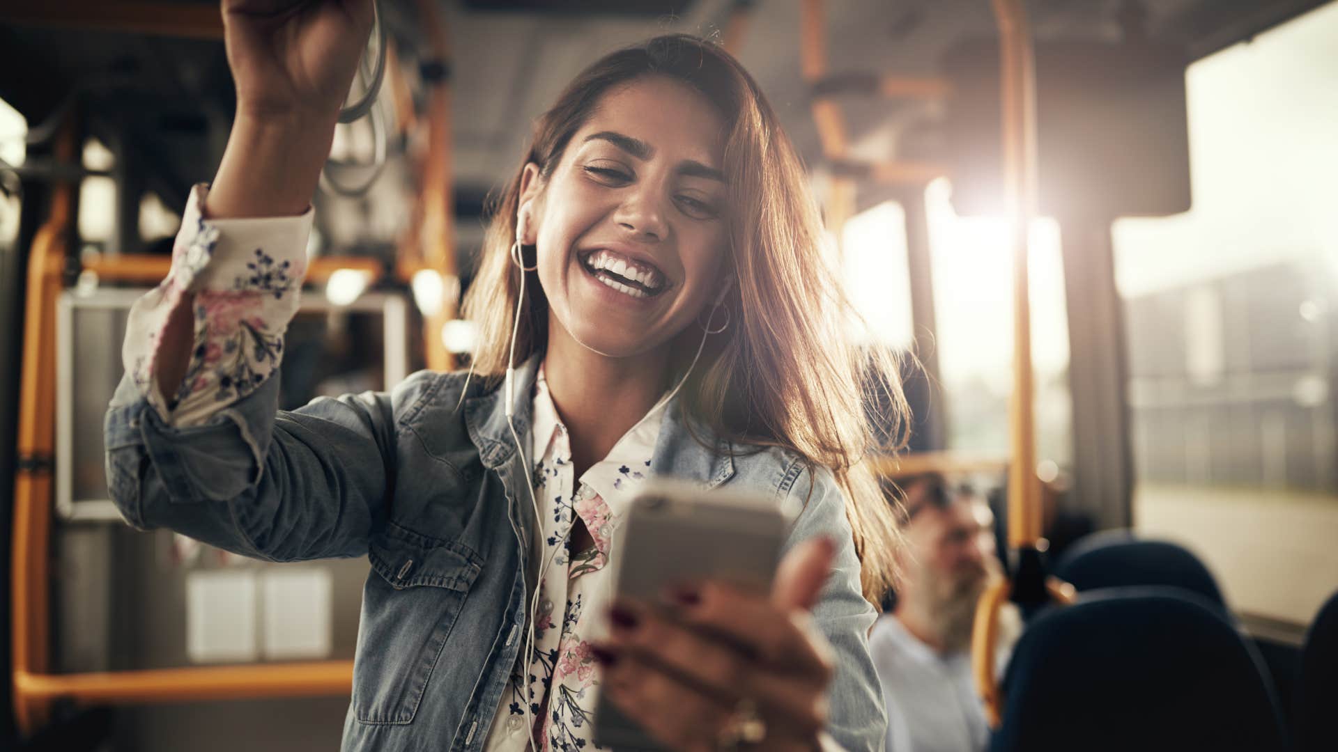 happy woman going on date alone and smiling
