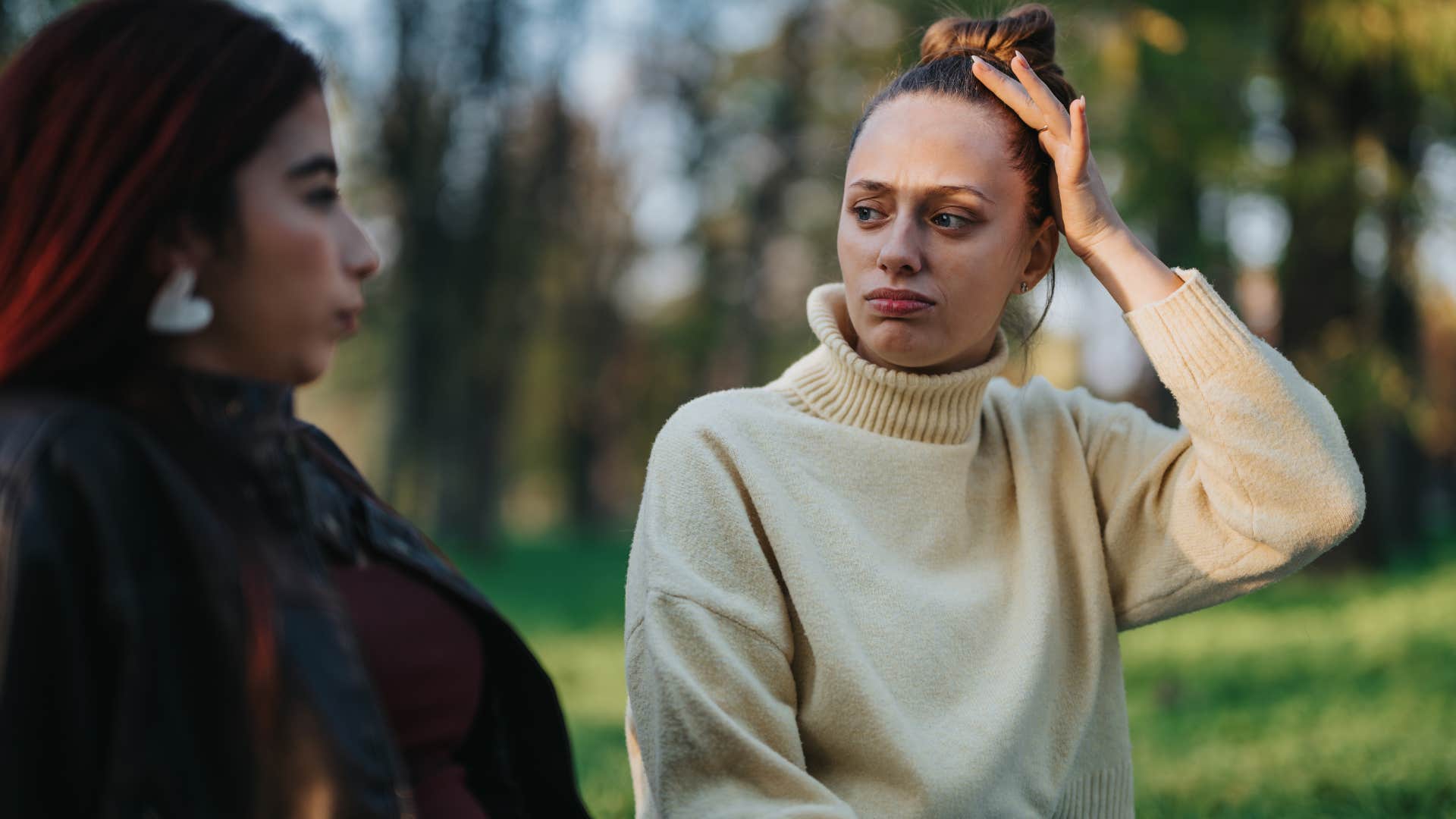 Woman saying "if you really cared about me" to a friend.