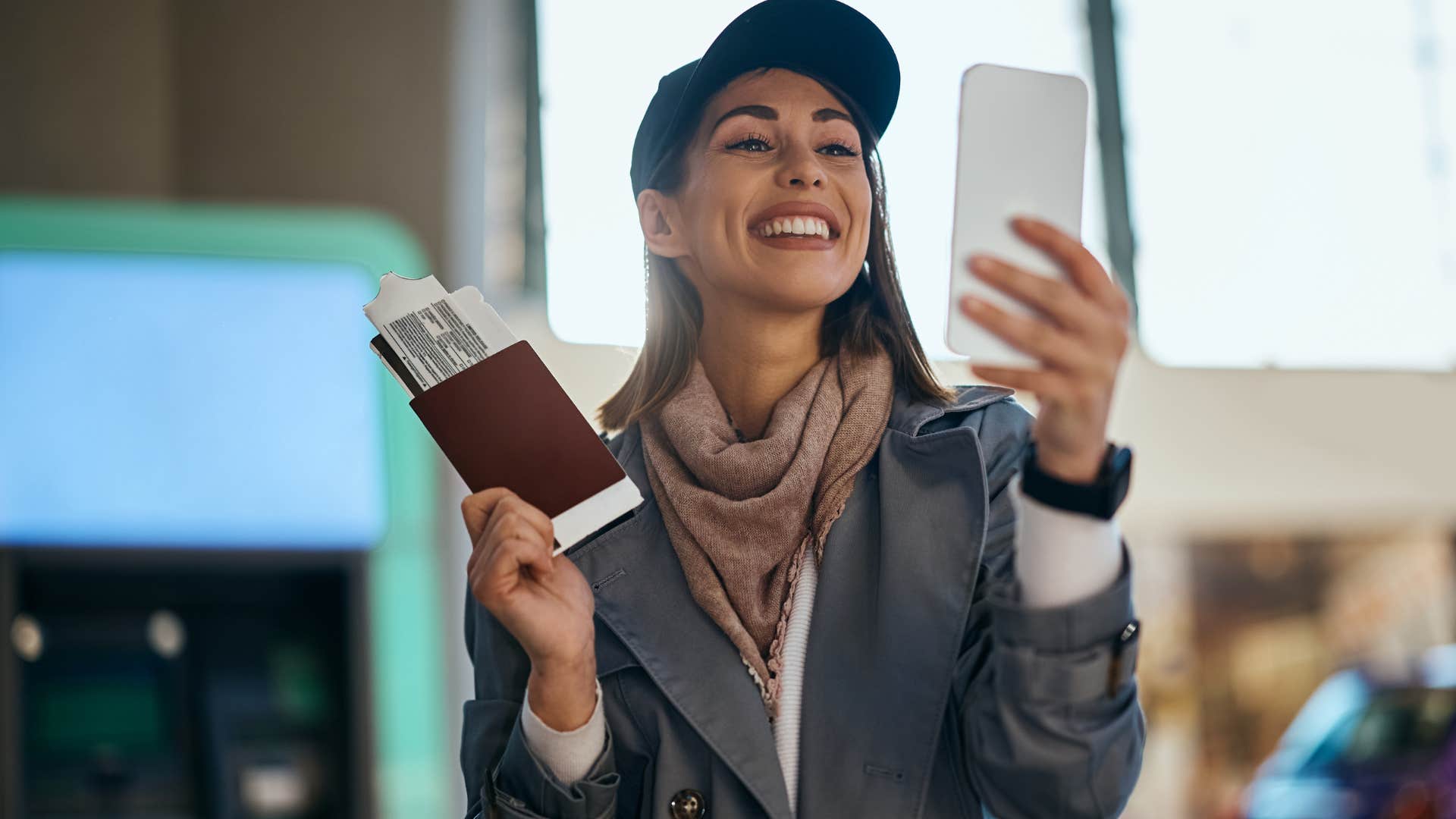 quietly rebellious woman smiling in the airport