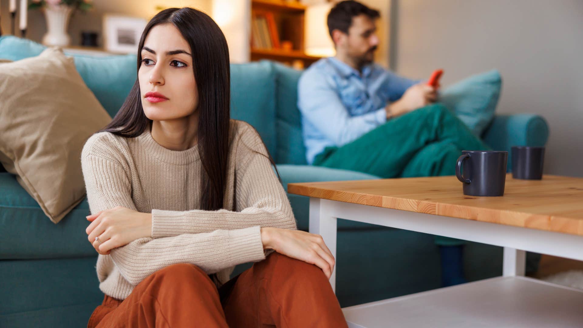 logical woman thinking away from partner
