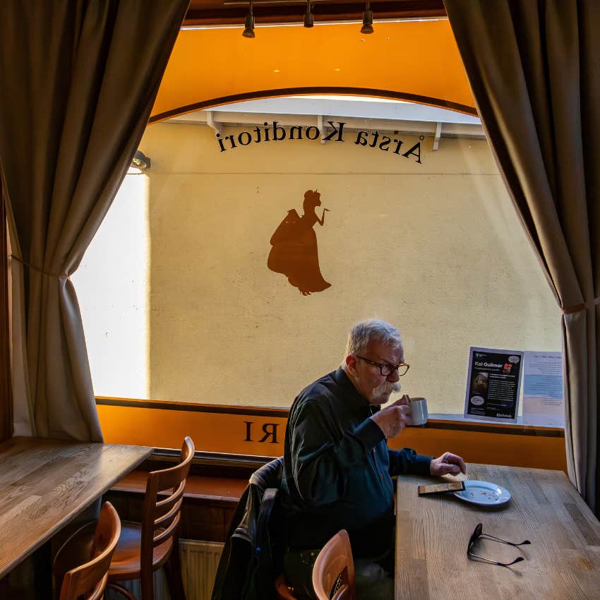 man enjoying fika in sweden