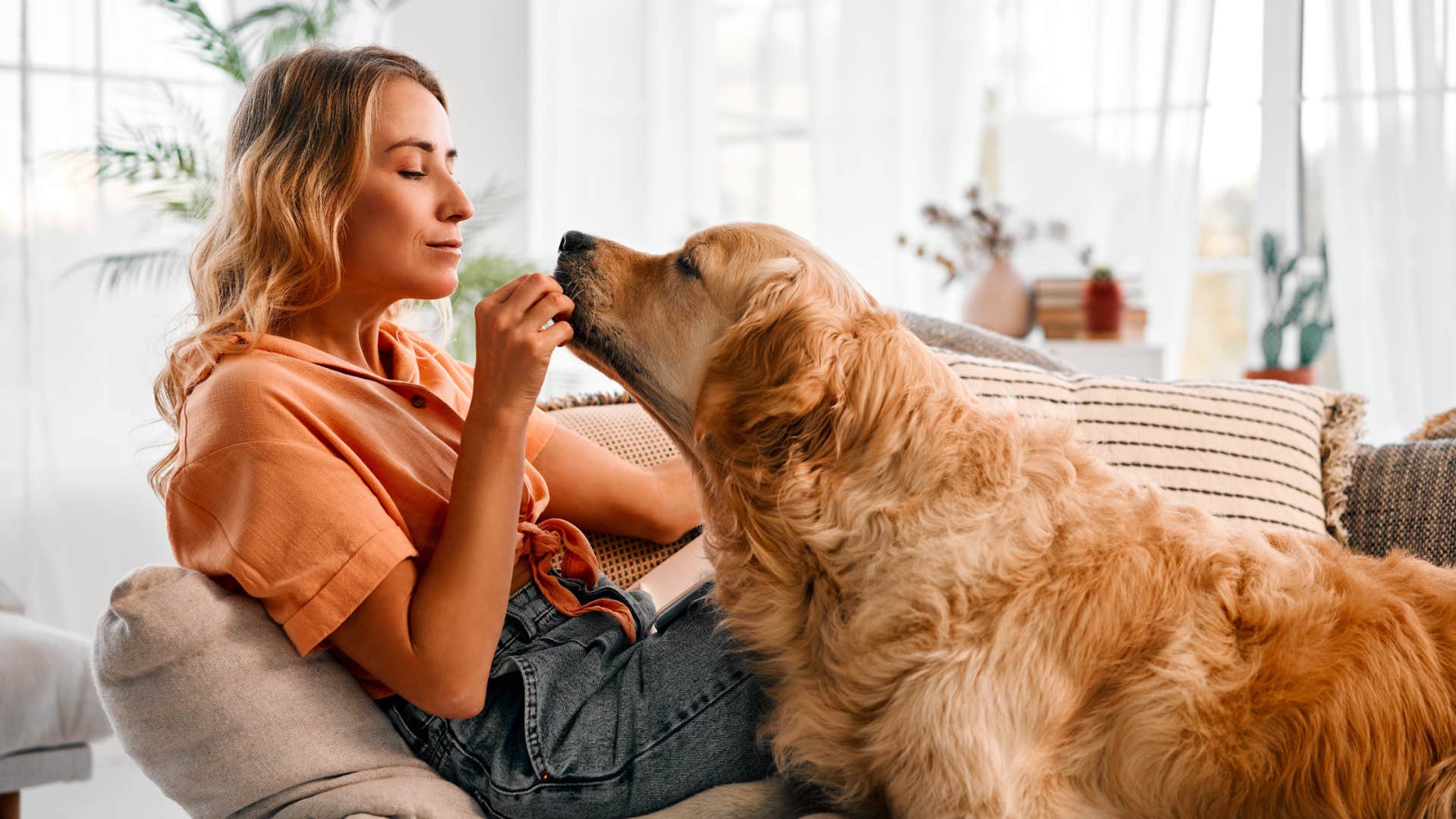 dog meeting woman for the first time being sweet