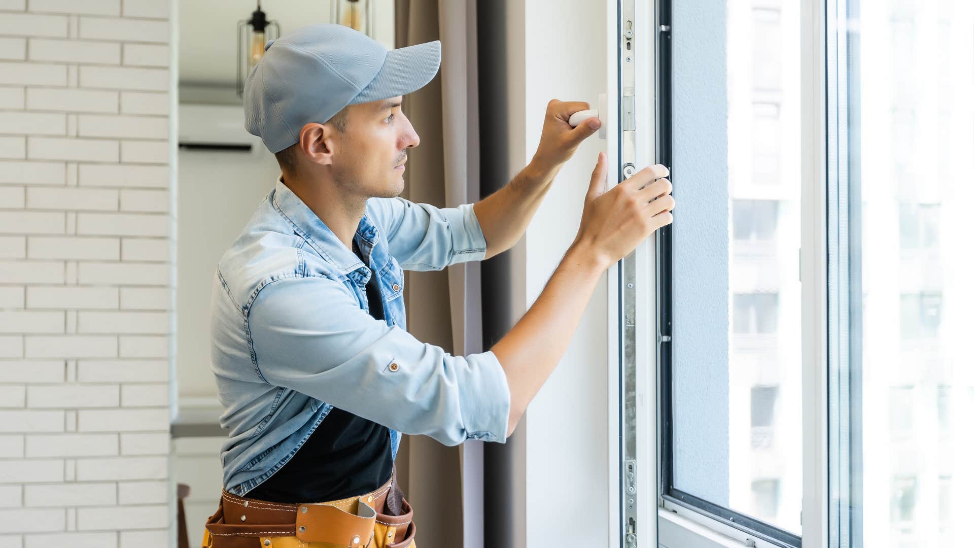 man performing maintenance on window