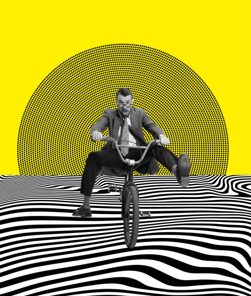 Person on bicycle in dream loop abstract landscape