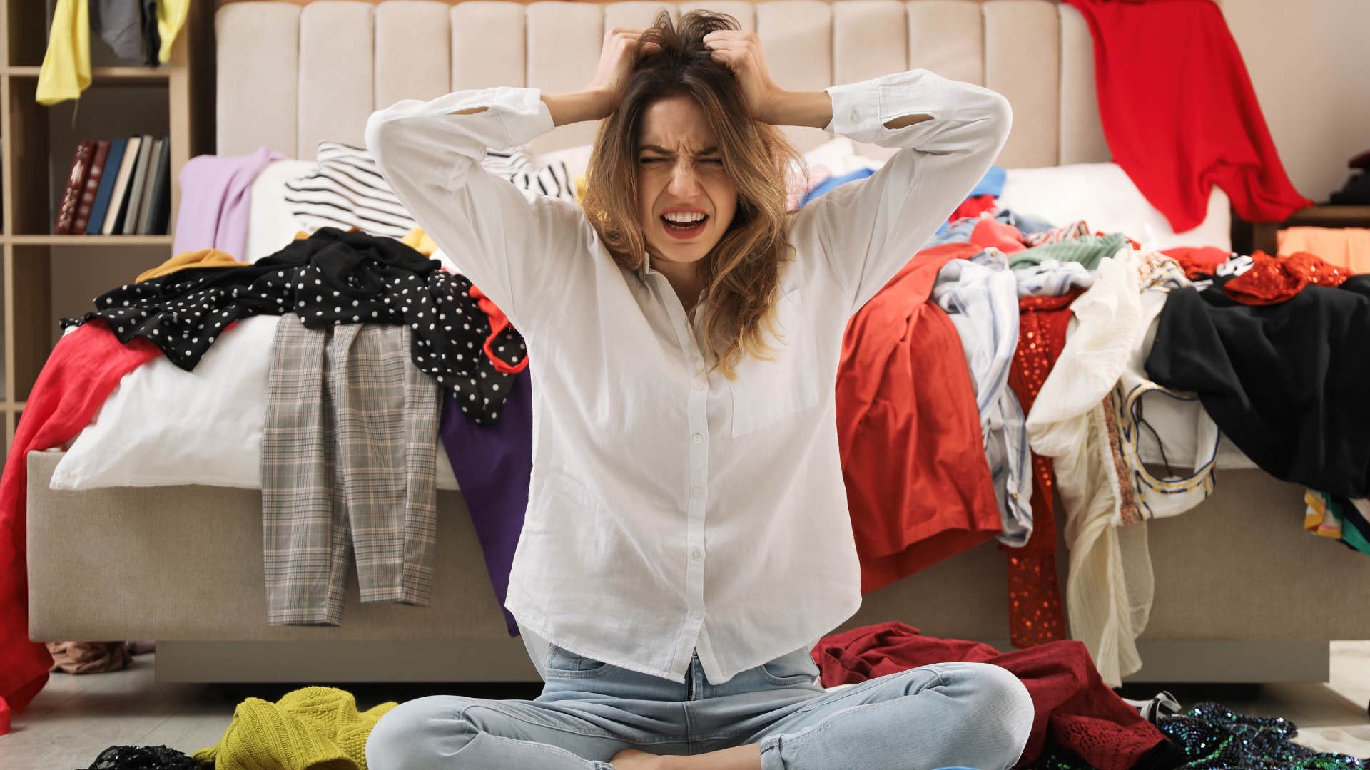 stressed woman sitting next to an overflowing closet of clothes