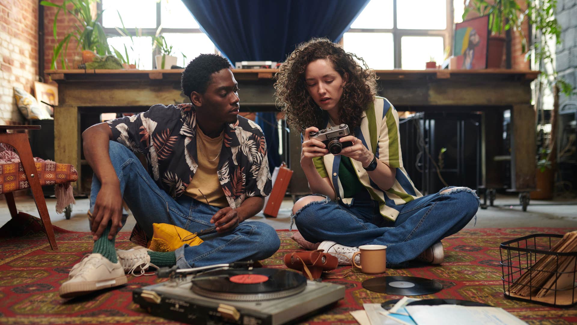 Healthy couple listen to favorite song