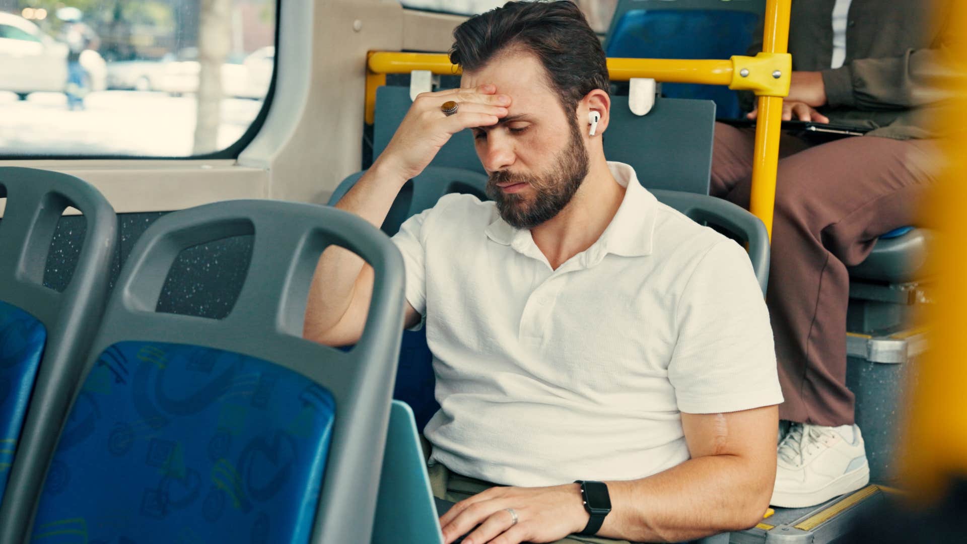 Man who starts the day without a plan on the bus.