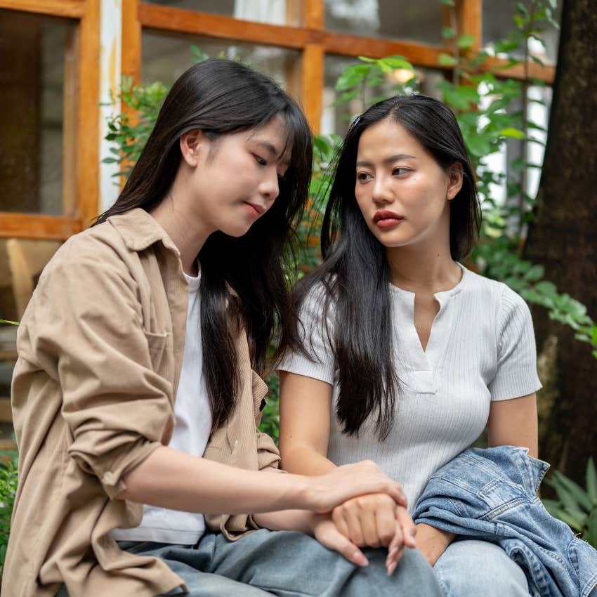 mindless woman saying the unhelpful phrases don't talk about it too much to depressed person