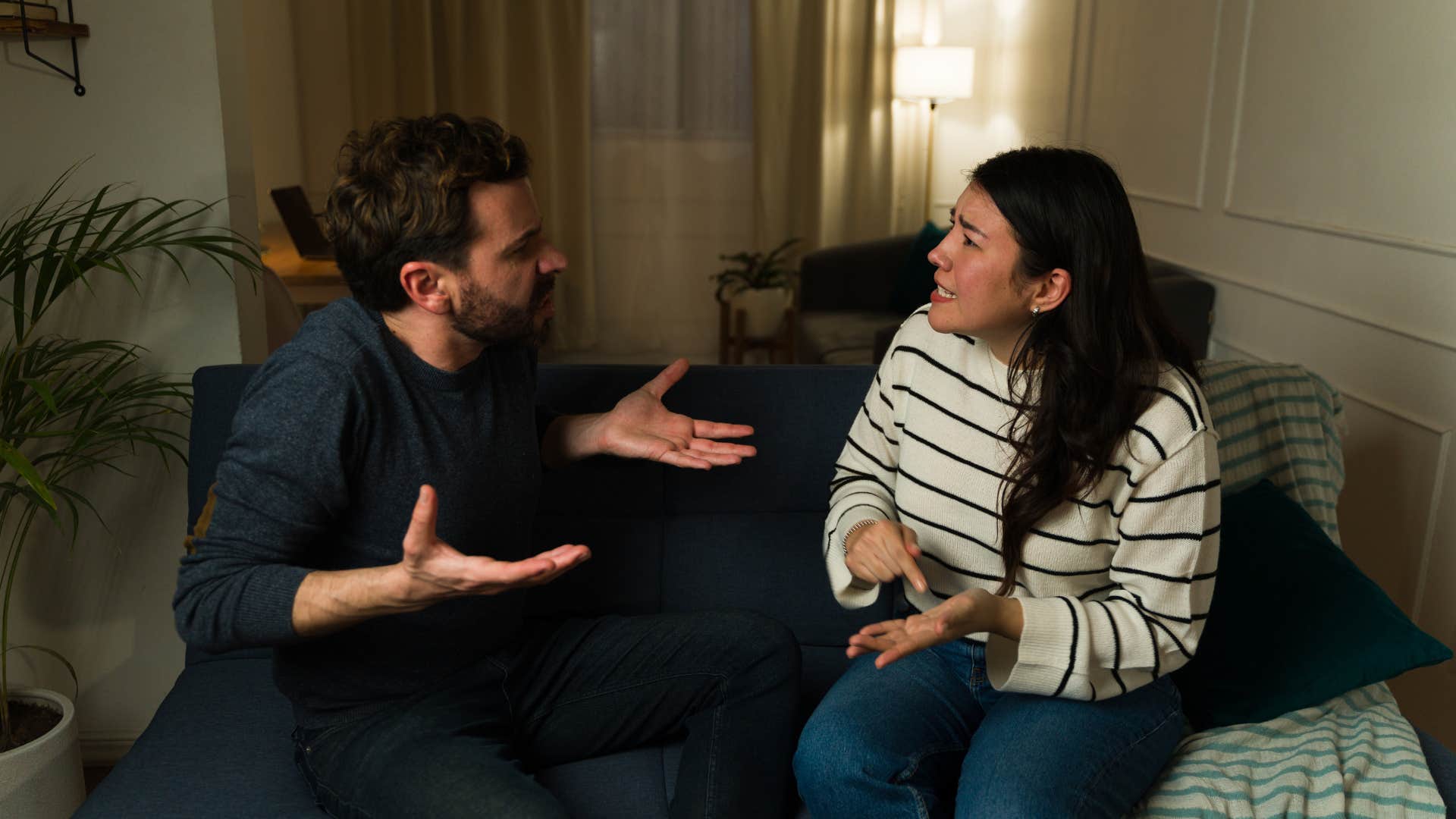 a wife who is so tired of doing everything for her husband usually say these things all the time you always say that but you never help frustrated woman arguing with husband who never helps