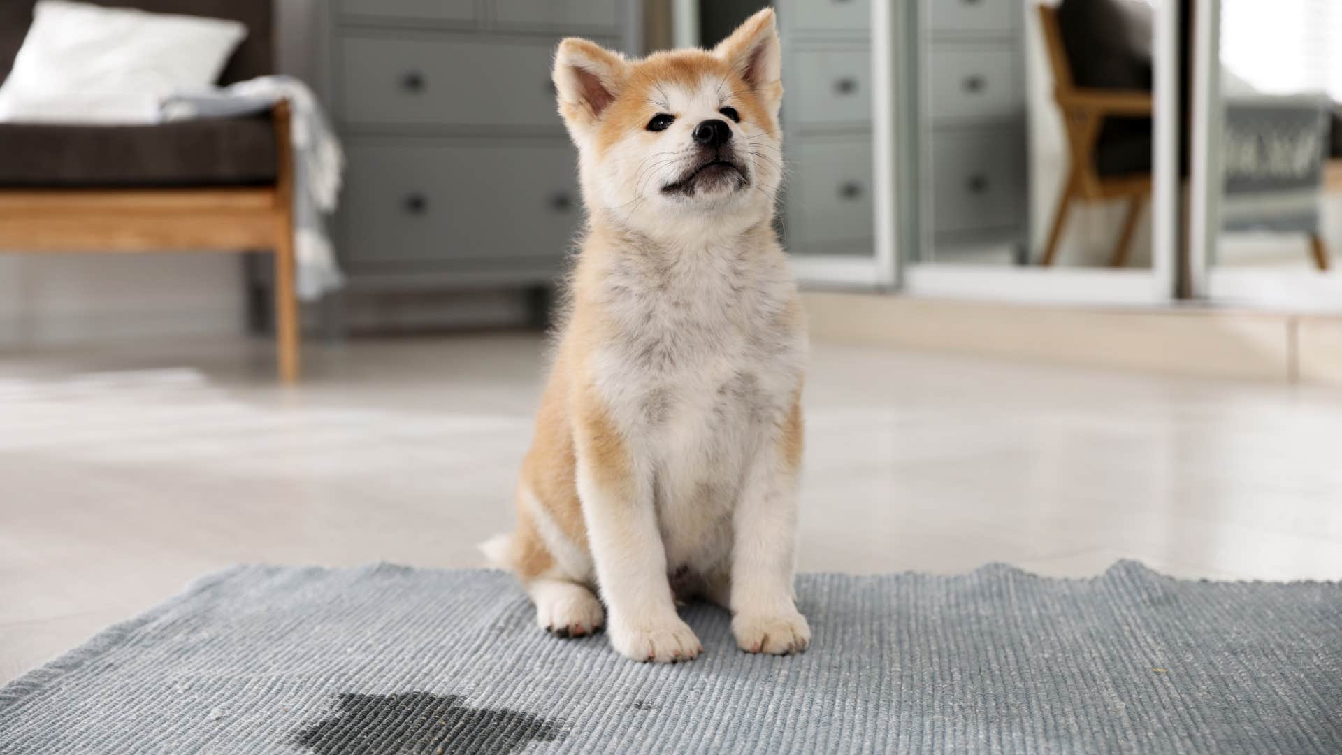 dog sitting on carpet after having an accident