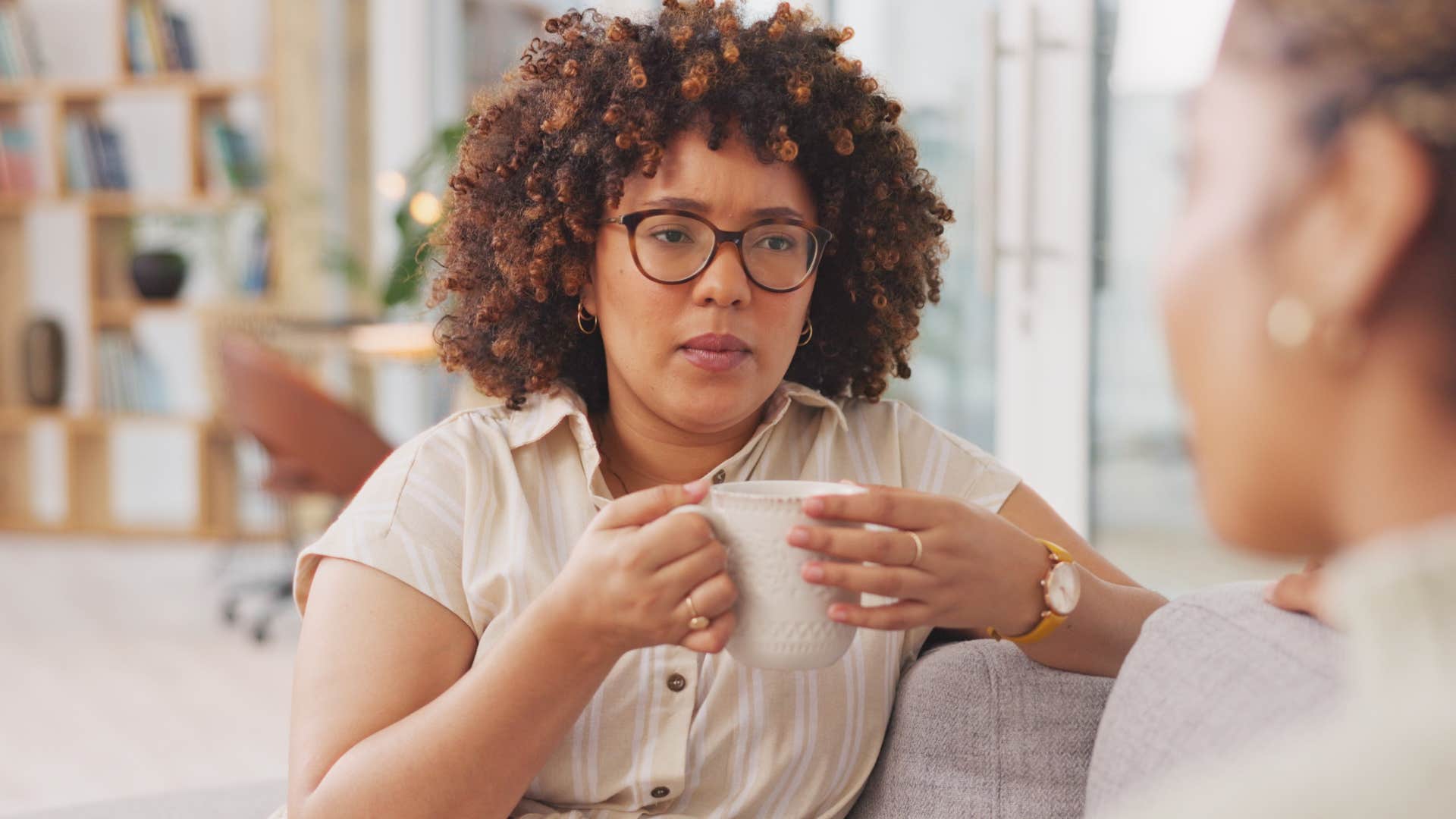 woman listening to friend talk about her independence
