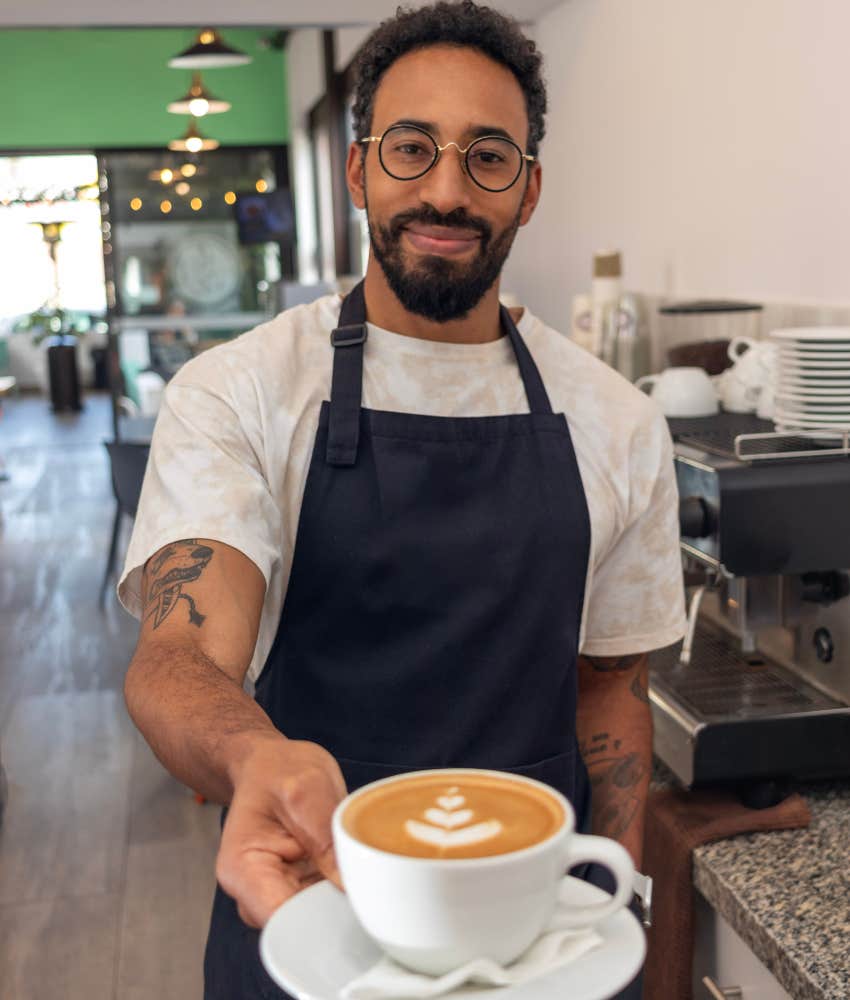 Barista who is embarrassed to tell his customers the total cost of their drinks