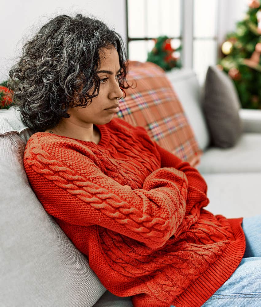 woman upset over family drama at the holidays