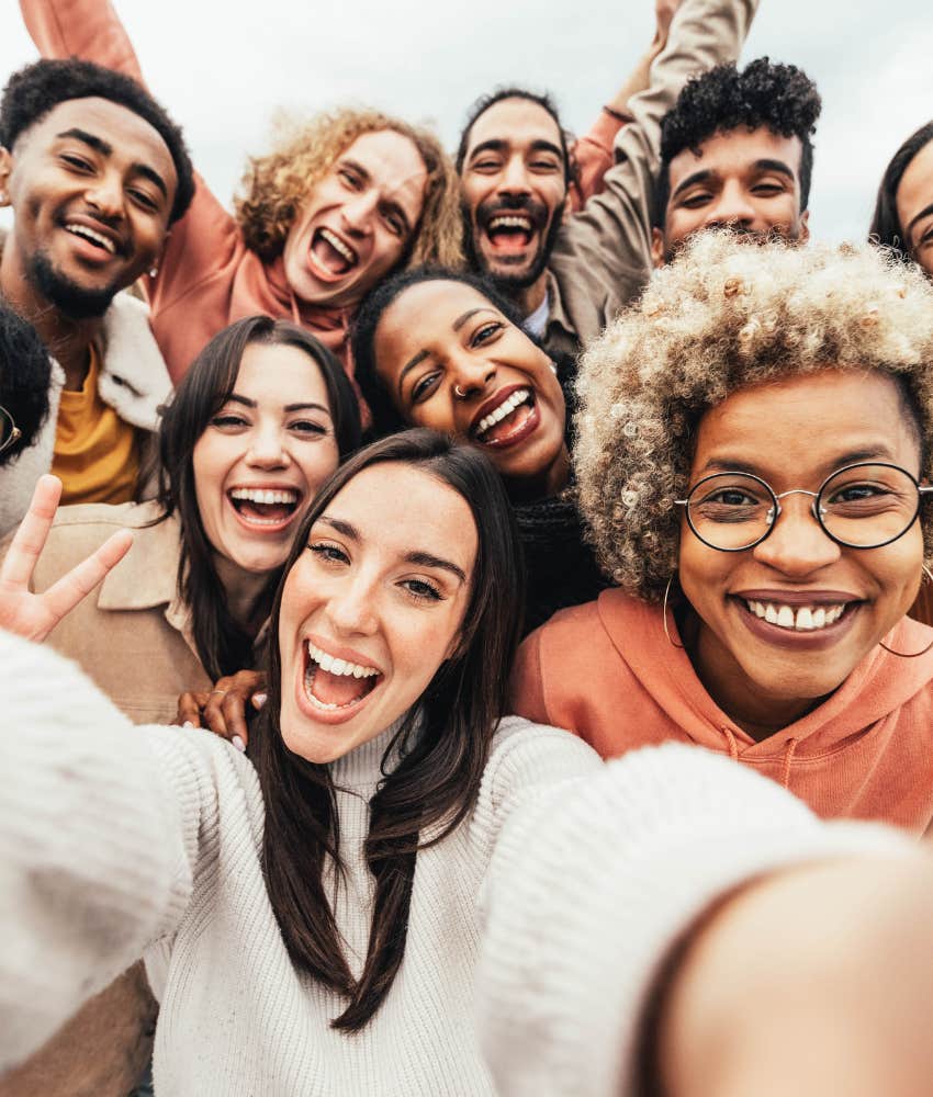 Happy group of friends question monogamy