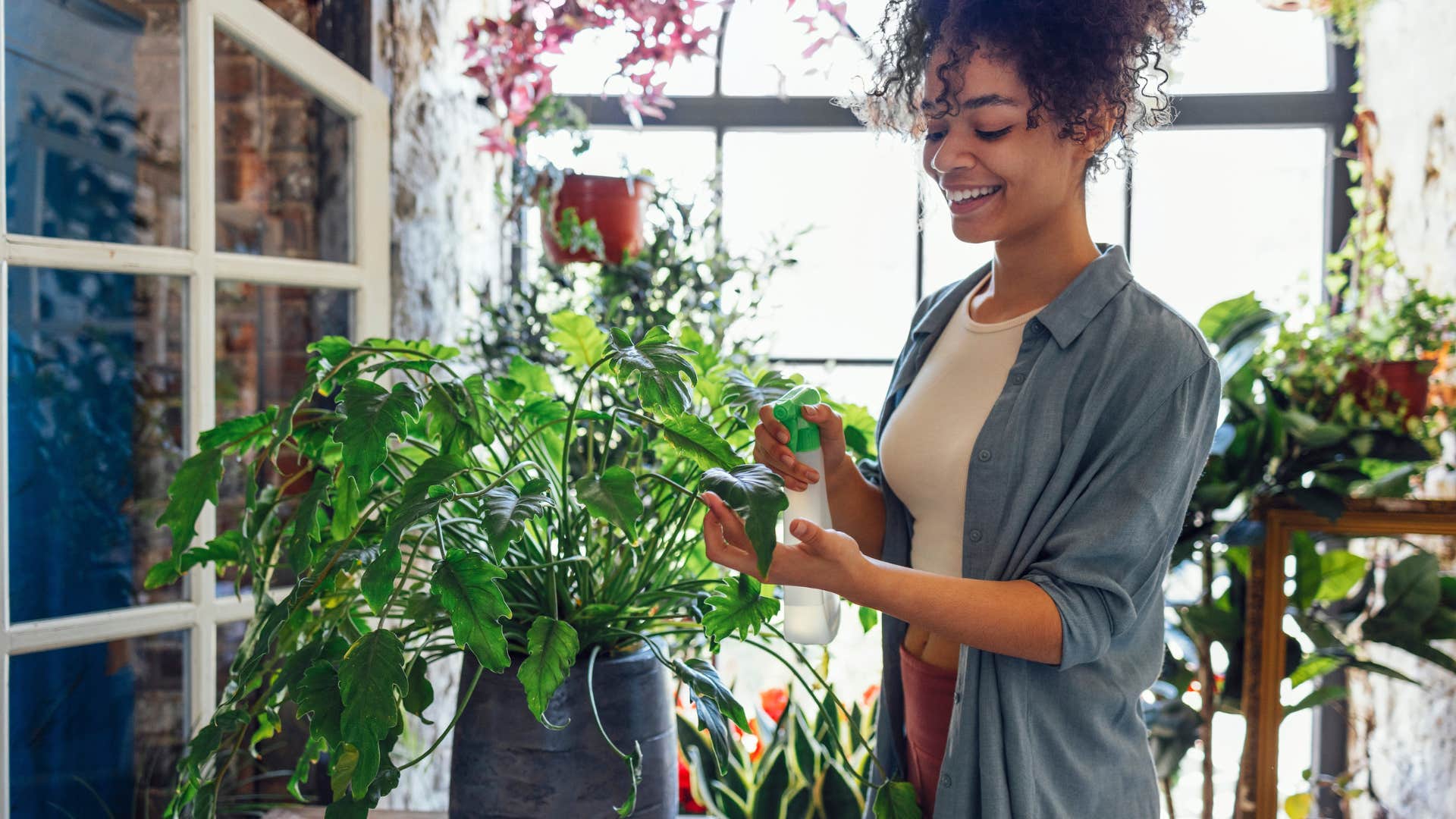 woman filling home with plants as it keeps home clean