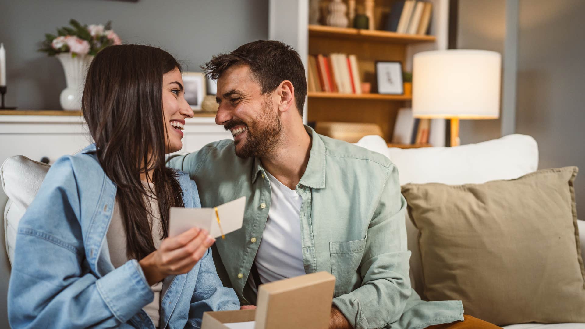husband giving wife gift