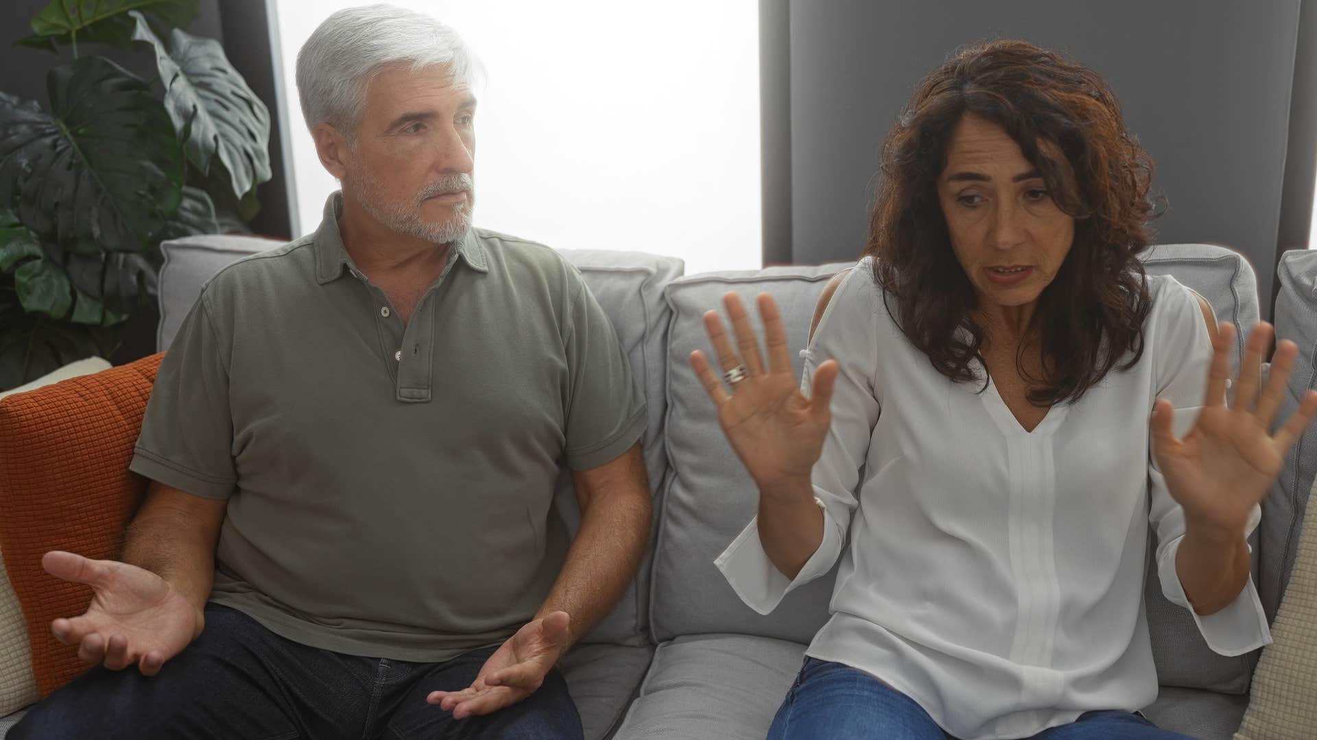 Woman saying "you can leave, I don't care" to her partner.