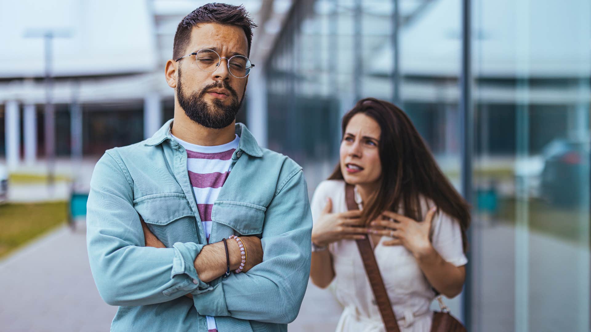 Woman saying "you're lucky I even stick around" to her husband.