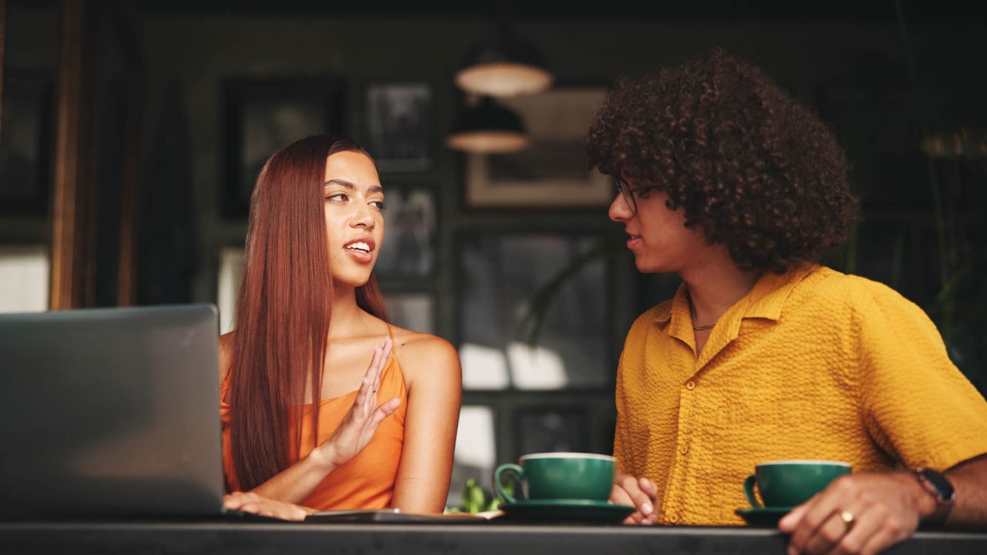 Strong woman express clear boundary to man