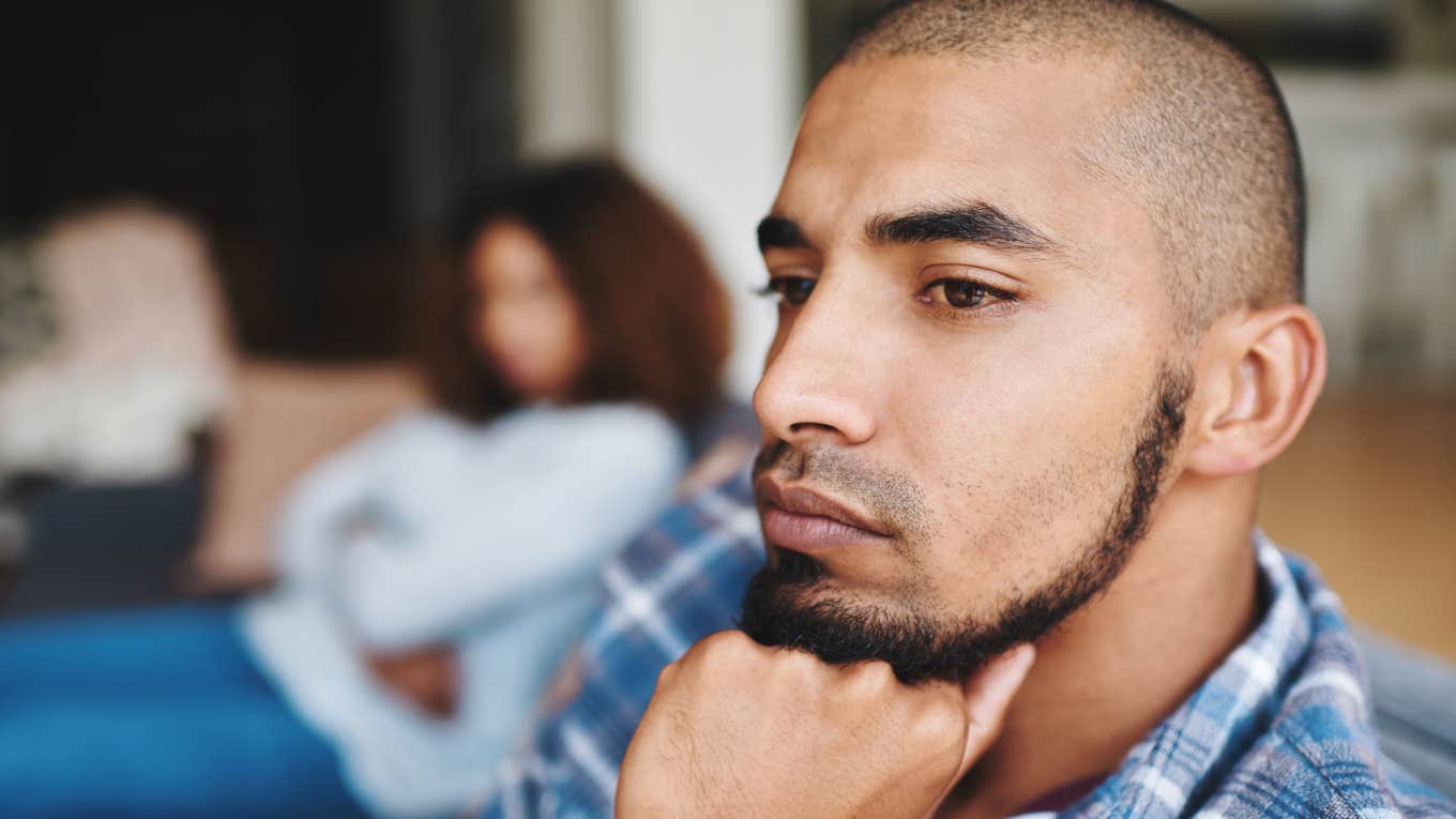 disconnected man thinking of leaving his relationship