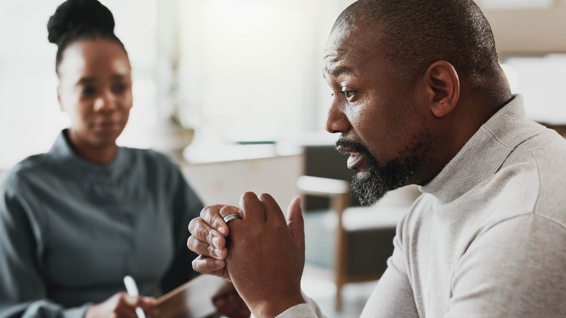 Man saying "it's easier than starting over" to his therapist.