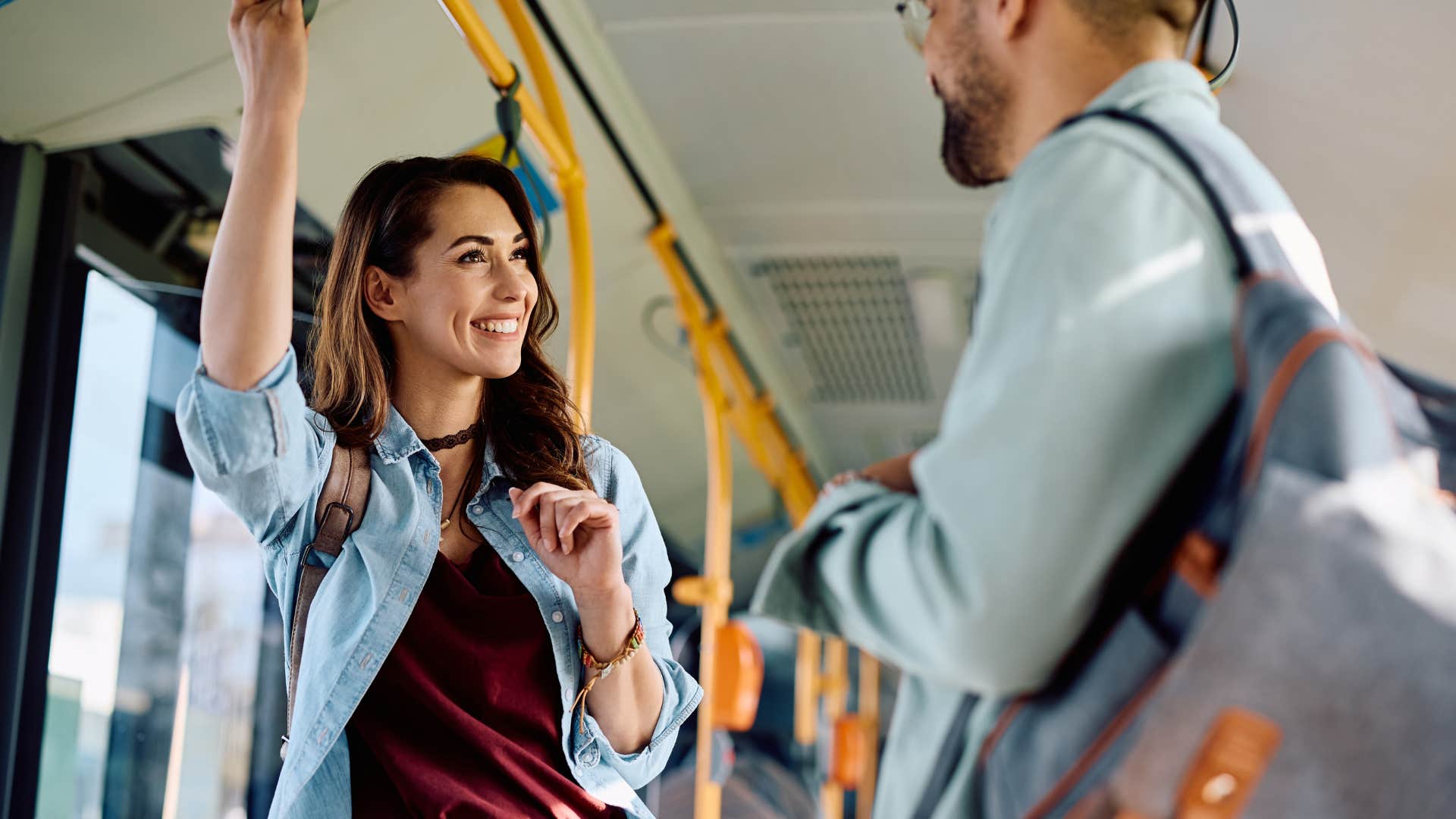 woman talking to man on bus saying I don't usually open up like this to people