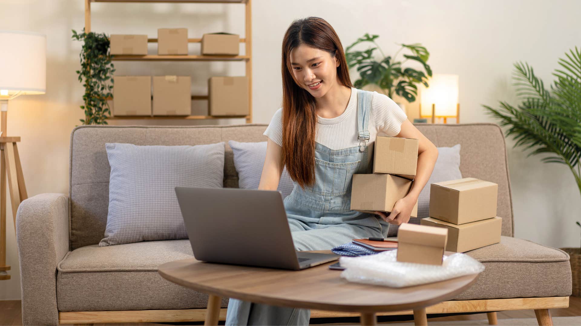 woman sitting with empty boxes in living room