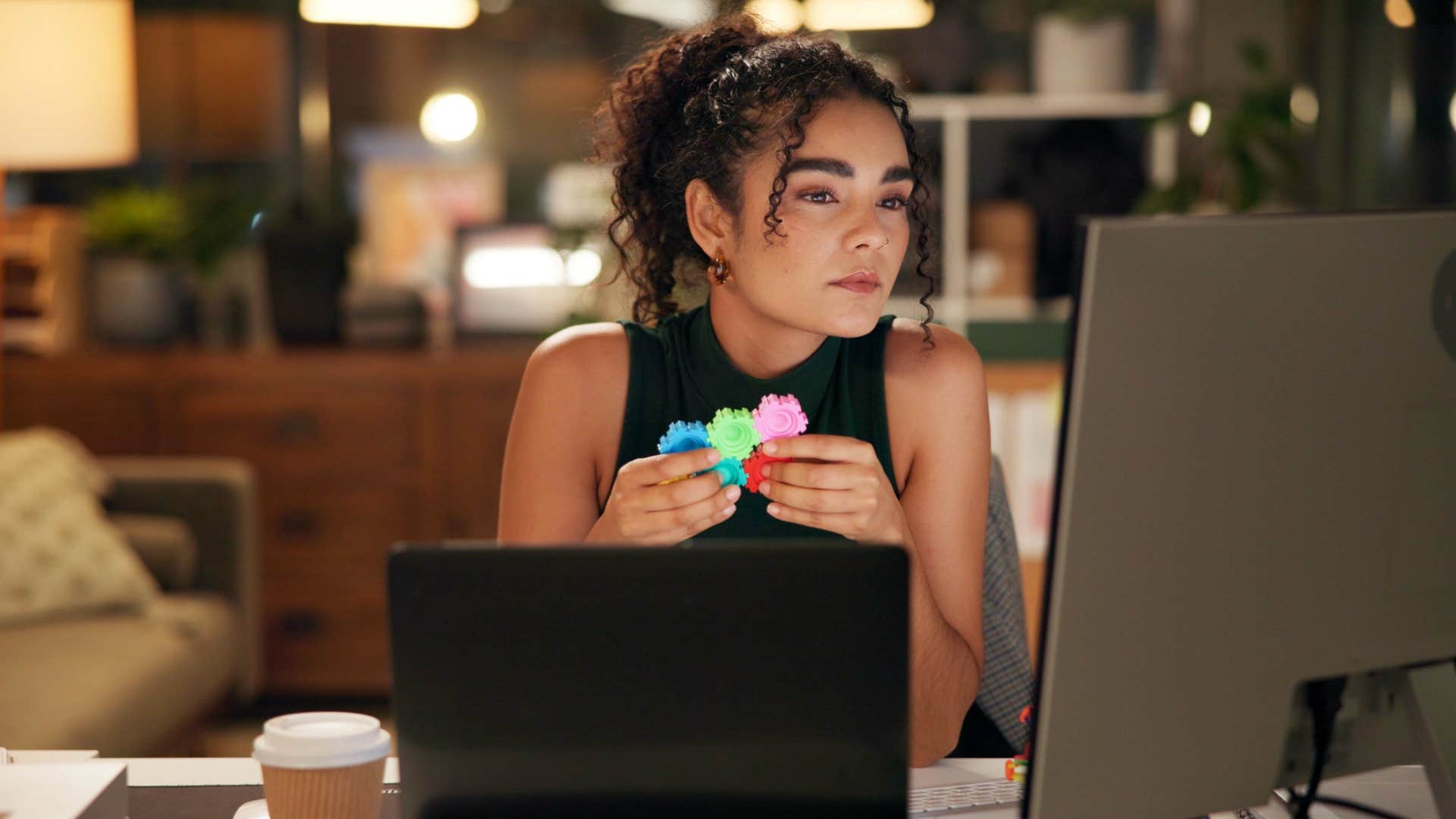 woman working while playing with fidget toy