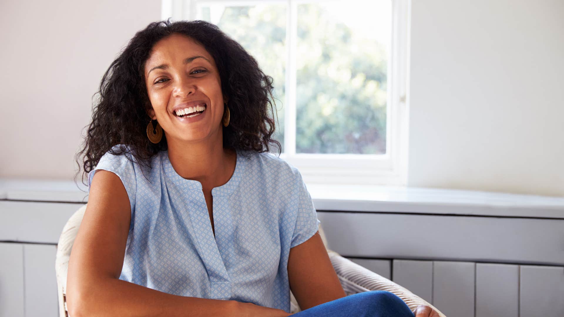 happy middle aged woman comfortable with boredom