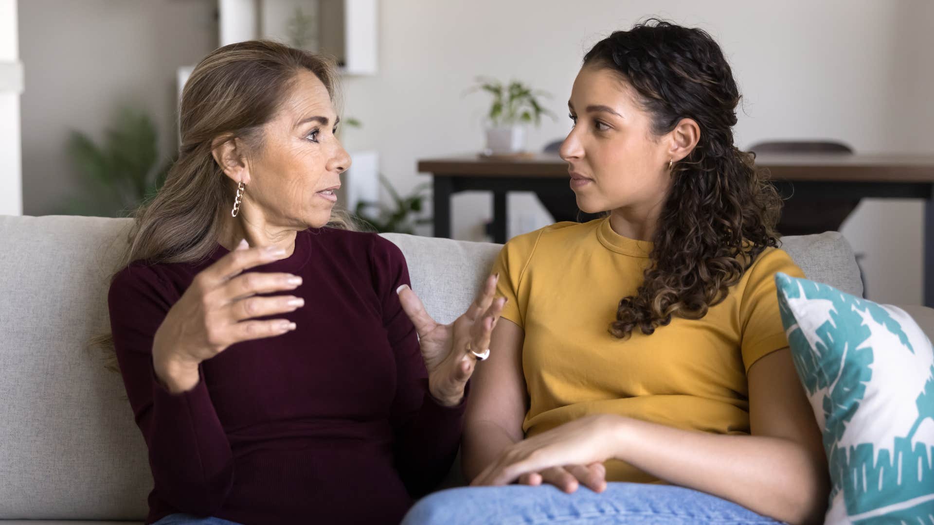 woman talking to mom saying you've already told me that a million times