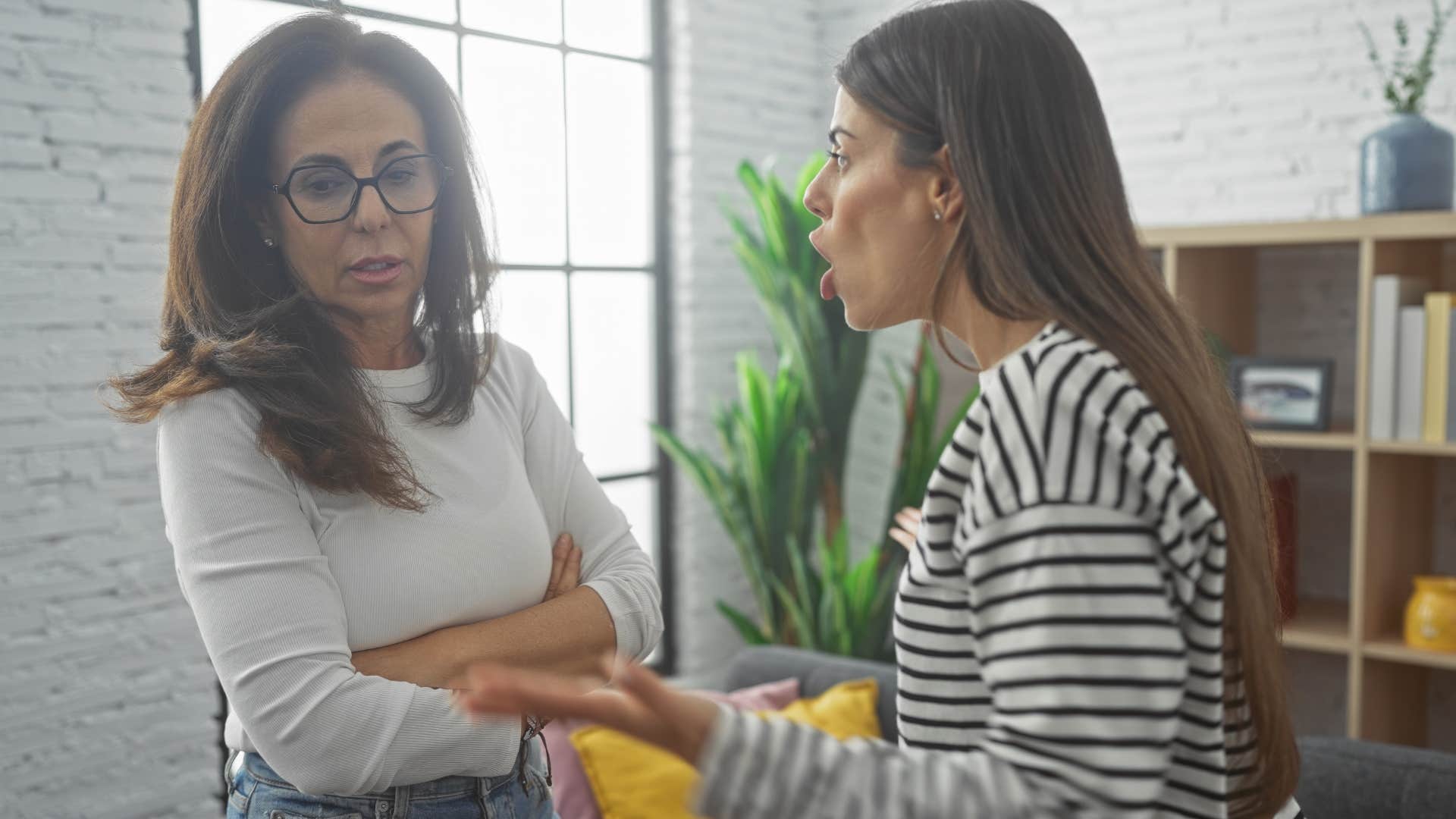 adult woman annoyed with mom and wanting to drop topic