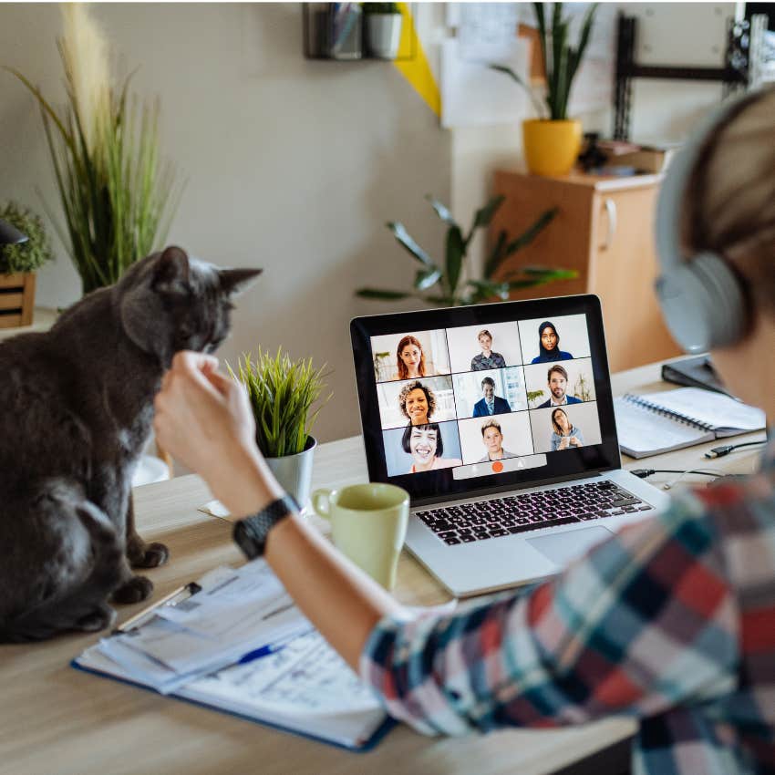 Remote worker petting cat during a meeting