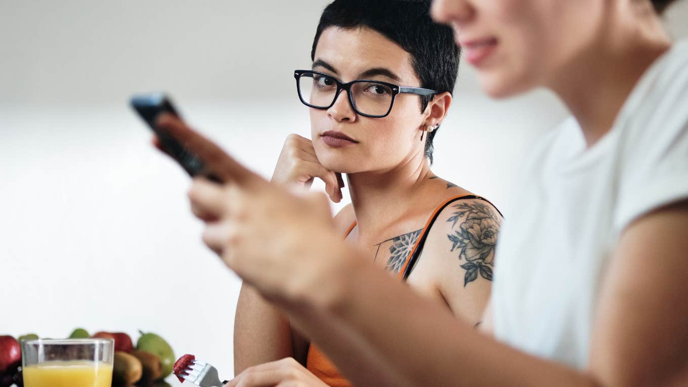 Woman at end of honeymoon phase irritated at partner's loss of chemistry 