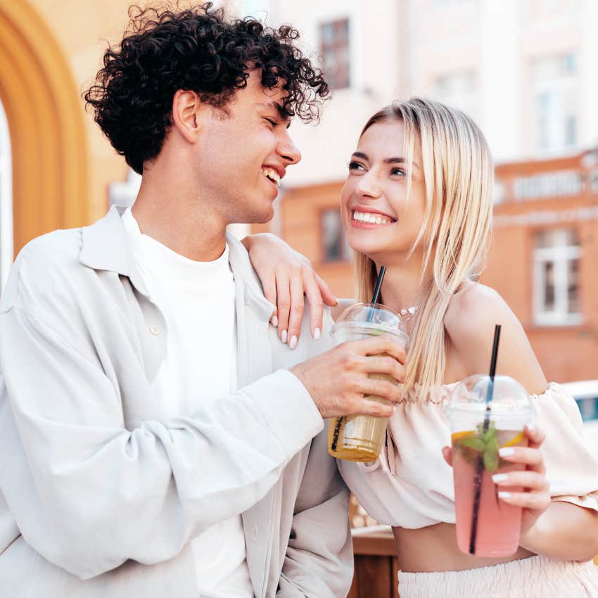 woman who wants to keep man talking to her by keeping eye contact