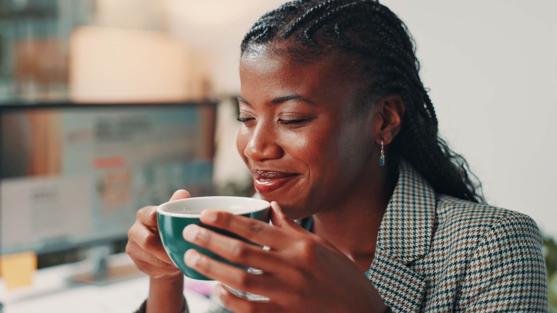 frugal woman drinking home brewed coffee