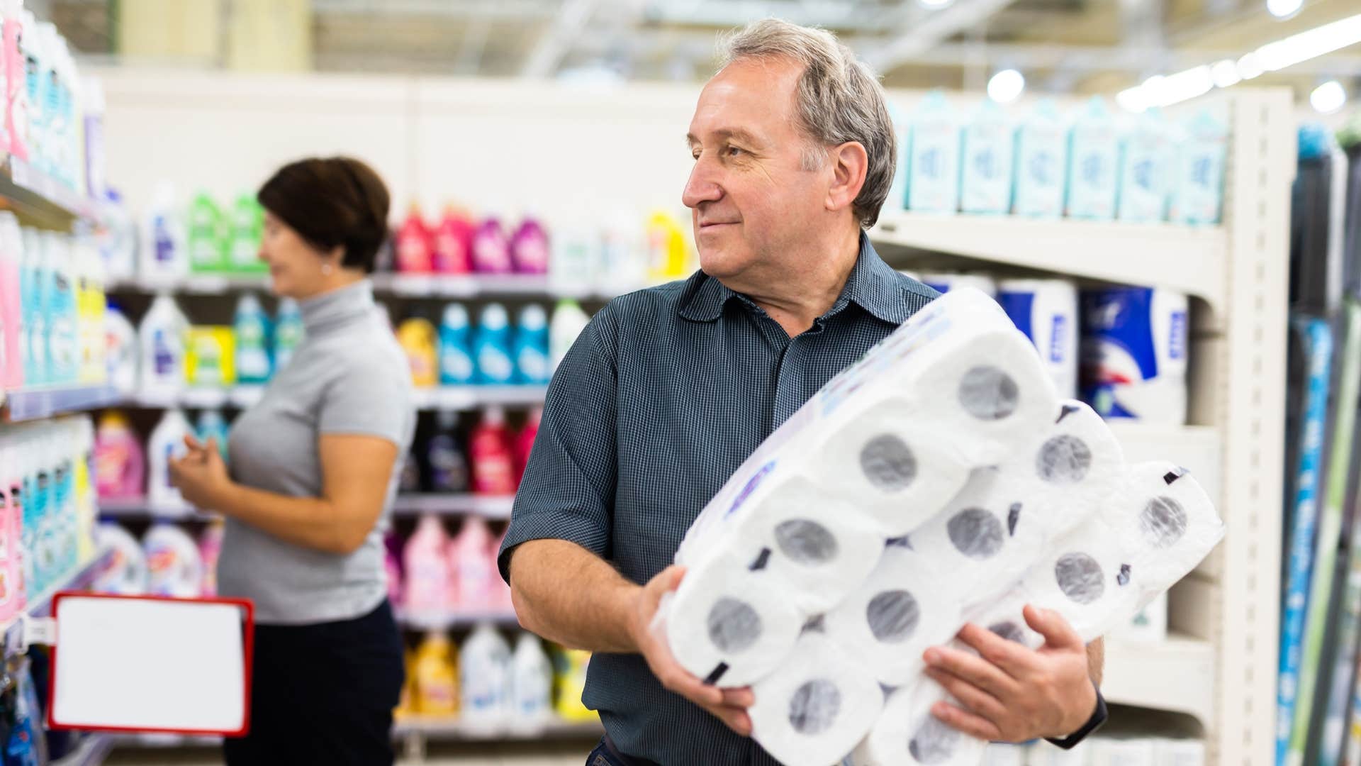 frugal man buying toiletries at the store