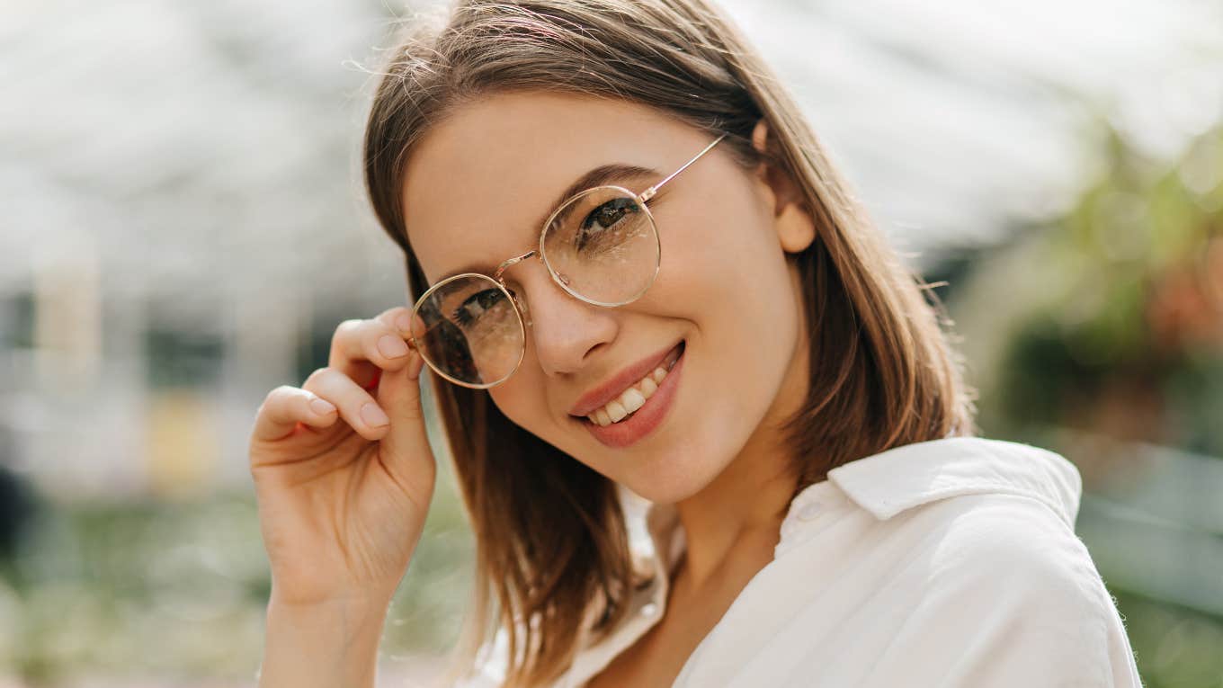 frugal woman smiling happy about purchases
