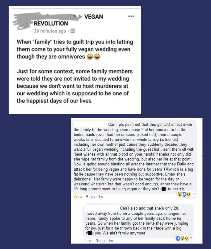 screenshots of vegan bride calling meat-eating wedding guests murderers