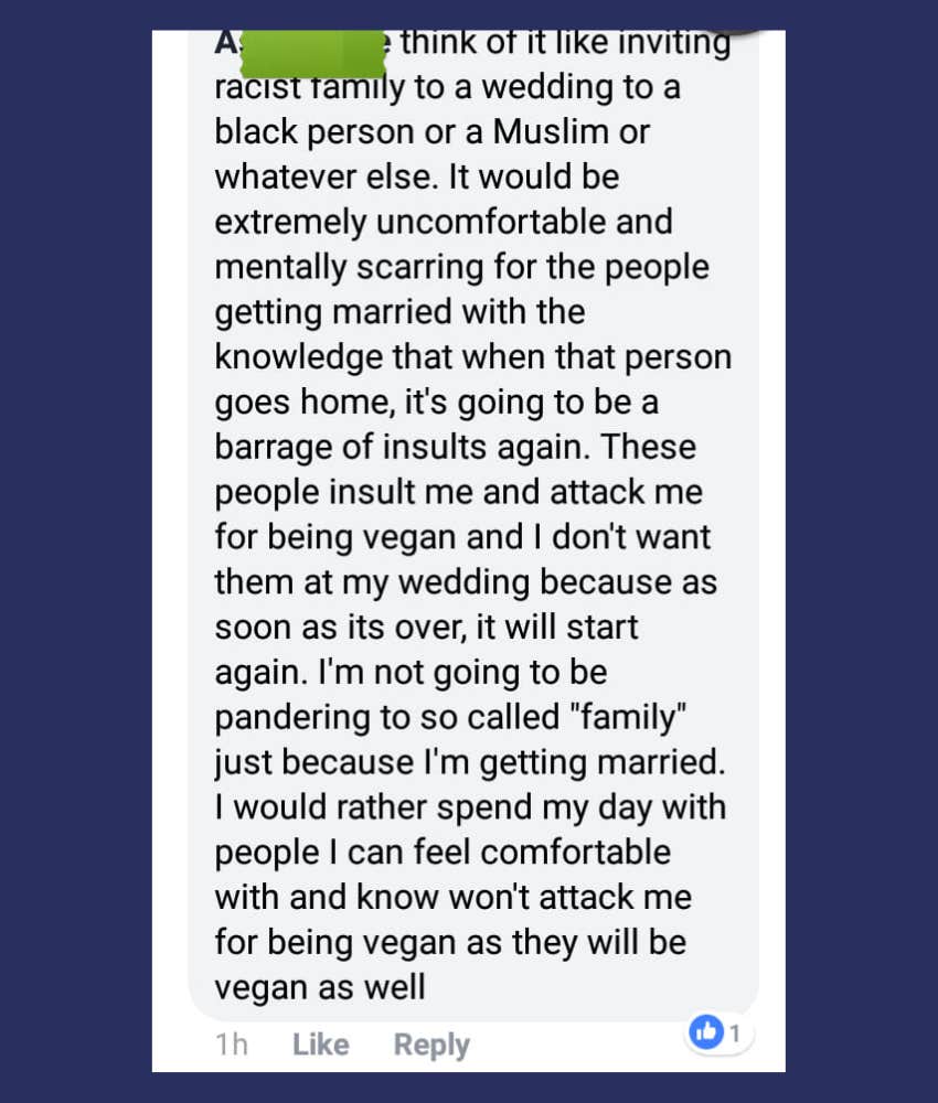bride comparing eating meat to racism