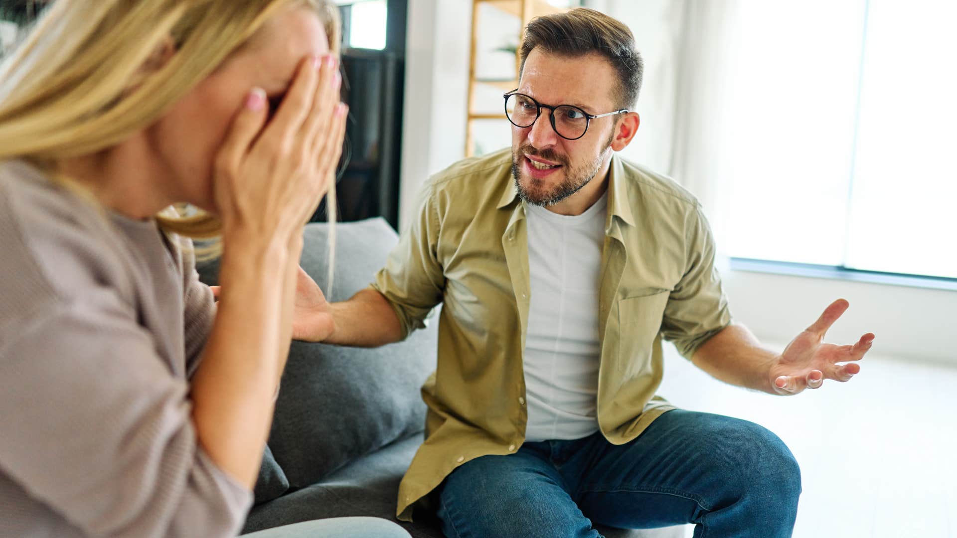 man who's irritable about random things arguing with his wife