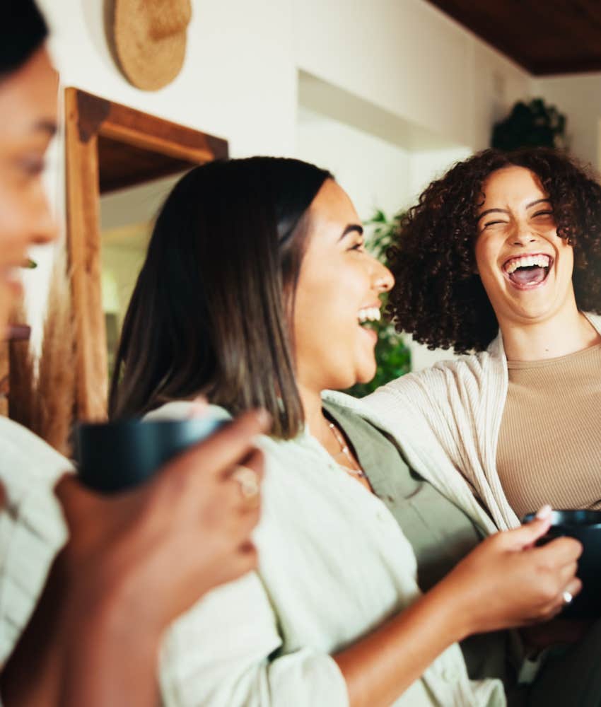 Happy friends connect for change of perspective