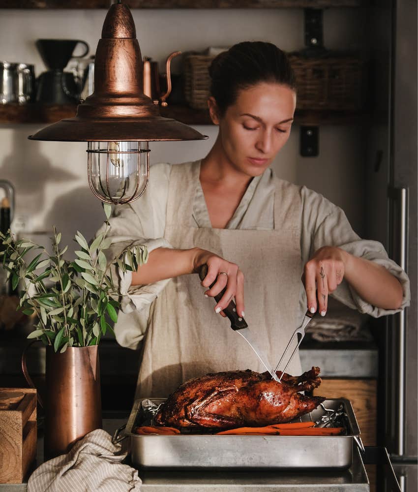 Woman preparing Thanksgiving meanwhile mother-in-law wants to bring her own meal