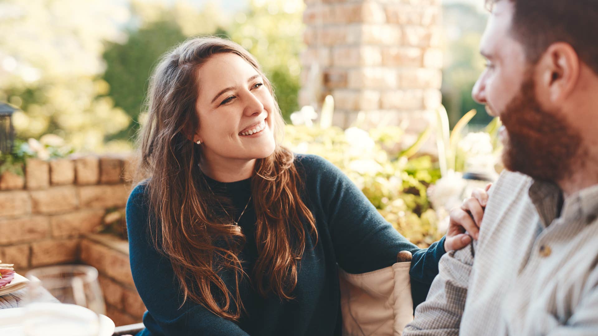 woman connecting with man talking