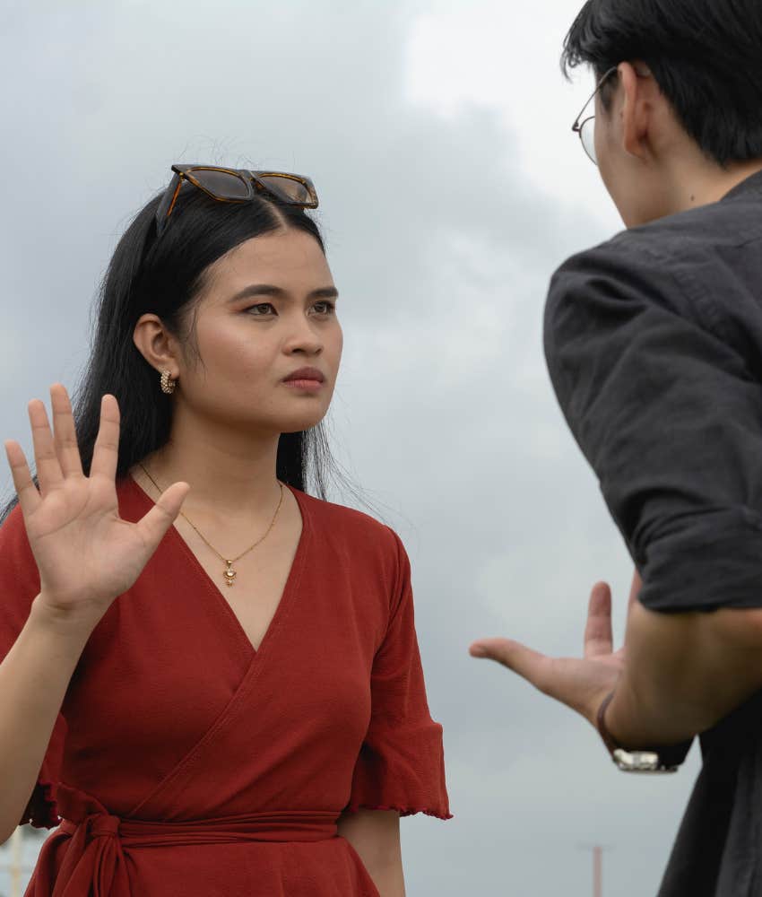 Strong woman expresses boundary